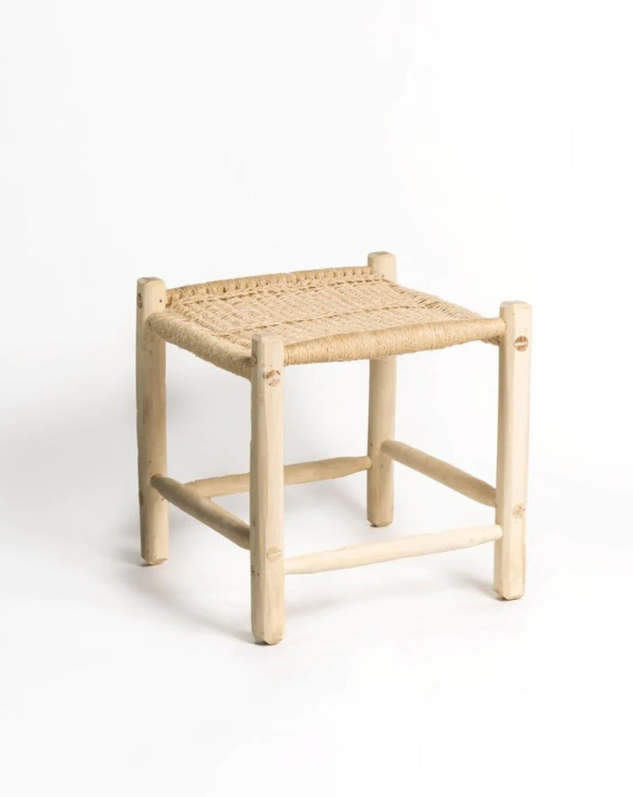 Home Gharyan | Pine Wood & Wicker One Seat Stool, From Gharyan Natural