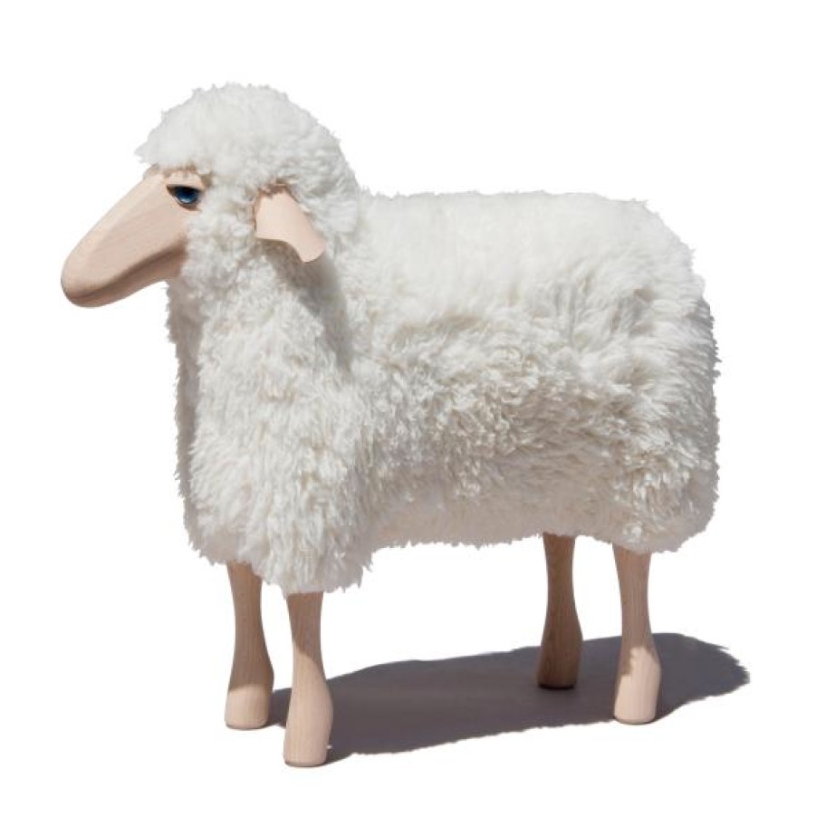 Home Meier | Small Sheep Stool With Fur And Beech Wood White