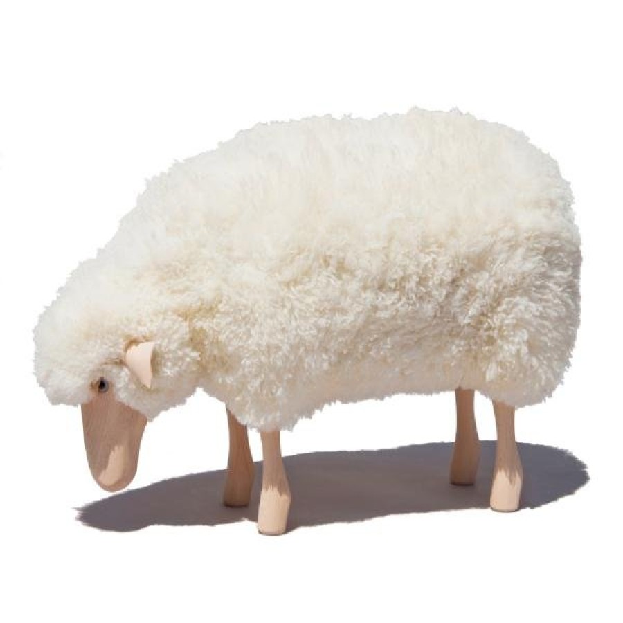 Home Meier | Small Grazing Sheep Stool With Fur And Beech Wood White