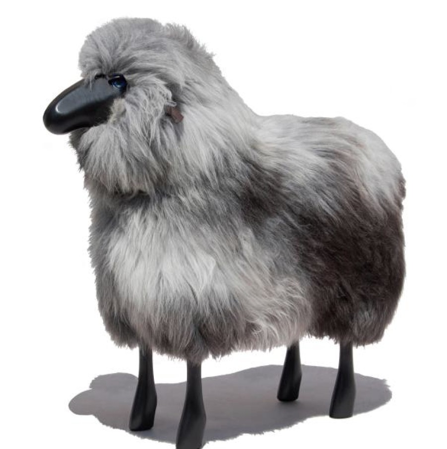 Home Meier | Life Sized Sheep Stool In Grey Brown Fur And Black Wood Gry/Brow