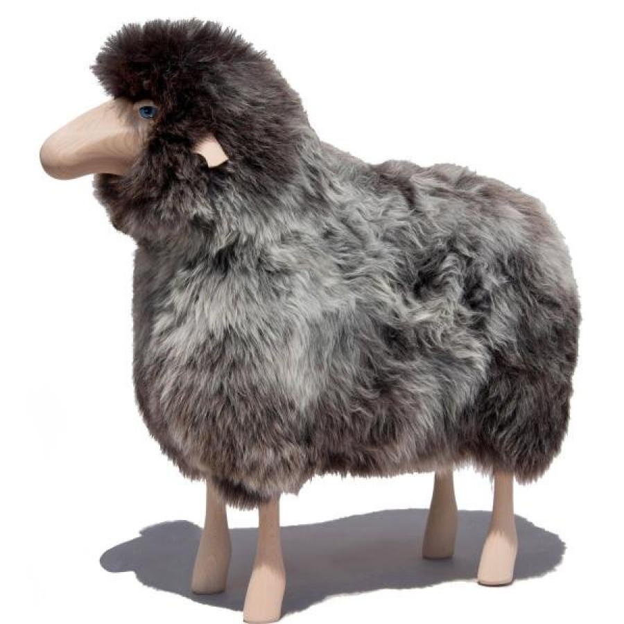 Home Meier | Sheep Stool In Brown Grey Fur And Beech Wood Gry/Brow