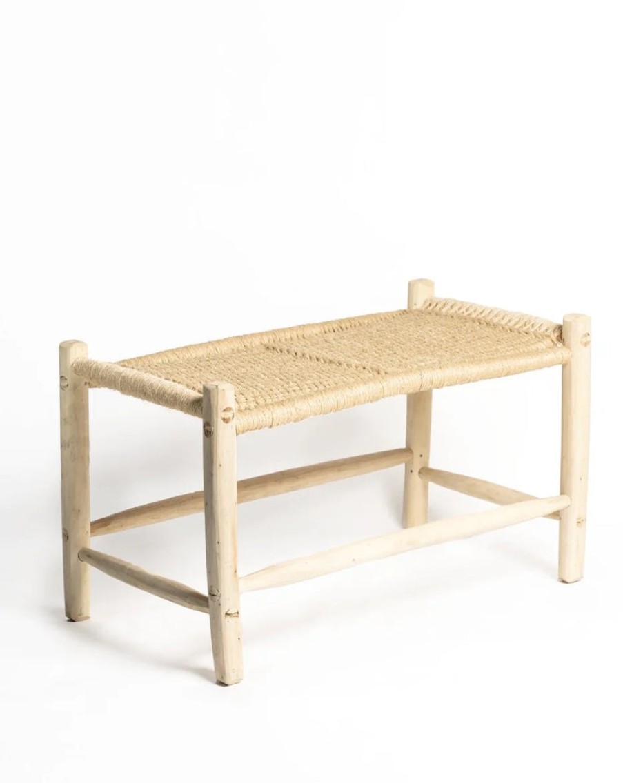 Home Gharyan | Pine Wood & Wicker Two Seat Stool, From Gharyan Natural