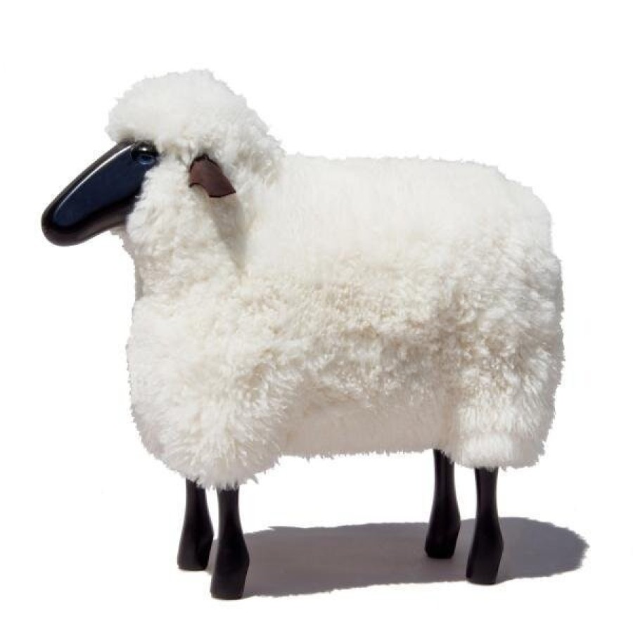 Home Meier | Small Sheep Stool With Fur And Black Wood White