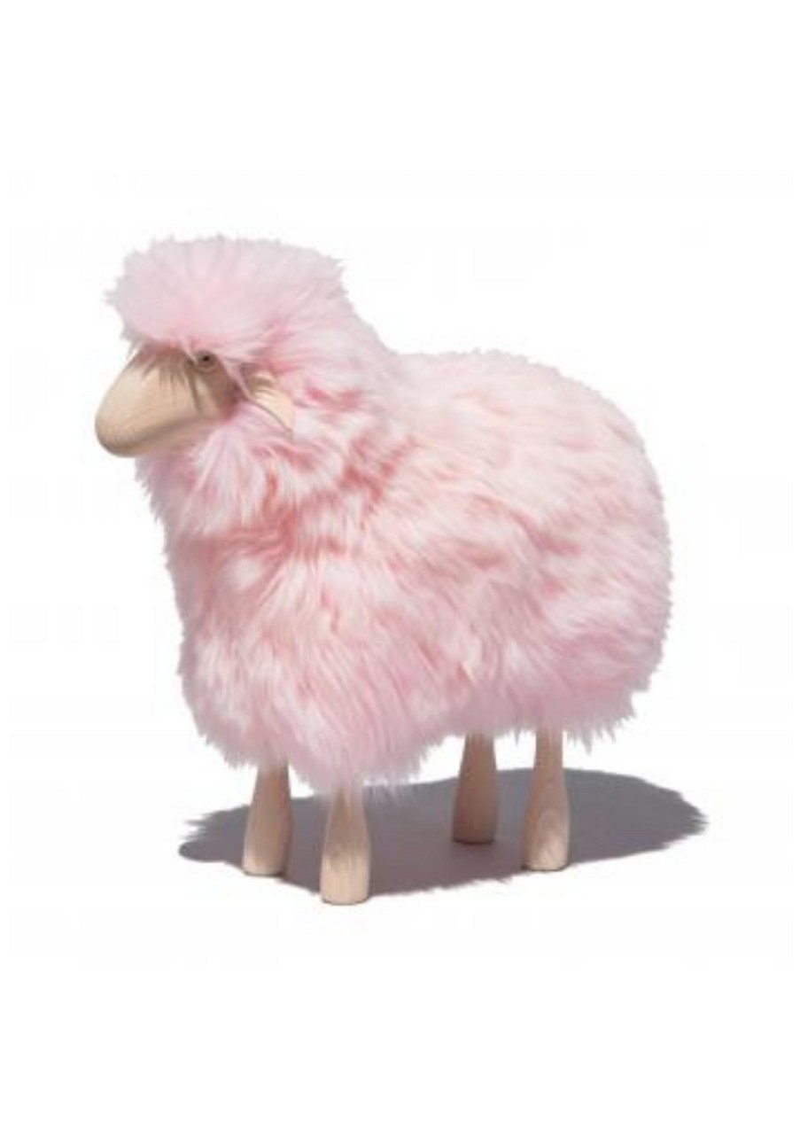 Home Meier | Small Sheep Stool With Fur And Beech Wood Pink